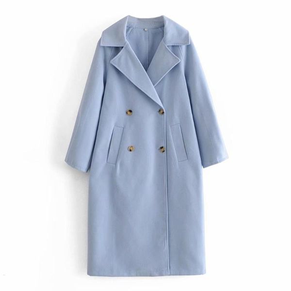 

women's wool & blends 2021 autumn winter women tweed coat blue solid long sleeve casual jacket windbreaker outerwear trench parka femal, Black
