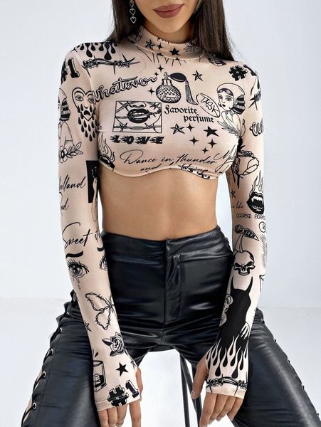 

figure graphic crop thumb hole 5640#, White