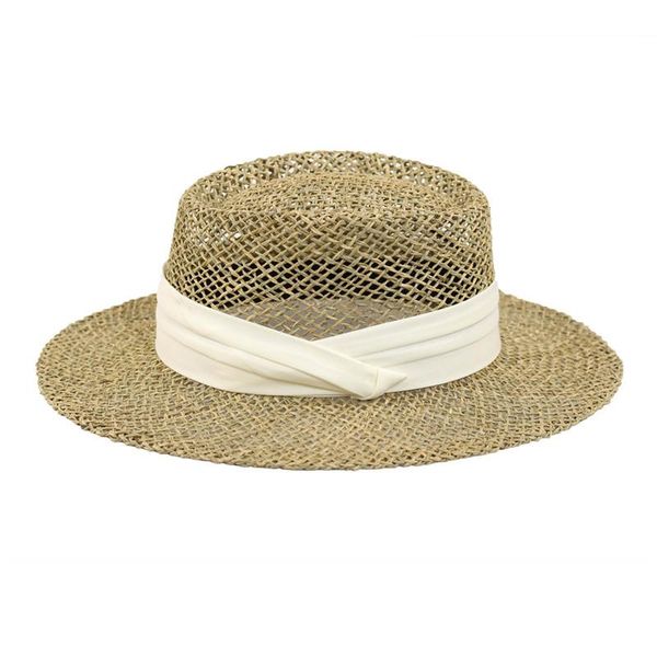 

wide brim hats ladies summer flat breathable quality natural straw with ribbon, Blue;gray