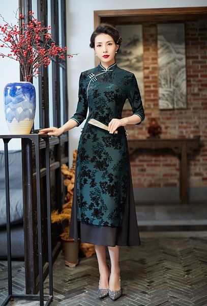 

ethnic clothing green chinese style qipao velour aodai cheongsam women elegant print dress evening party gown vintage vestidos over size 4xl, Red