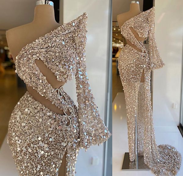 

2021 plus size arabic aso ebi luxurious sparkly sequined prom dresses high split sheath evening formal party second reception gowns zj362, Black