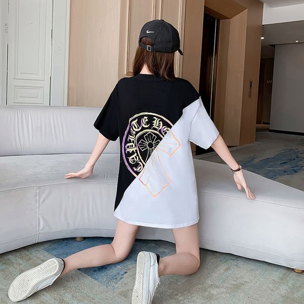 

crosin 2021 summer new black and white contrast stitching cross loose medium length cotton short sleeve casual brand p0lc