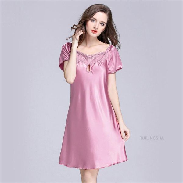 

spring summer satin silk women sleepwear nightgowns sleepshirts plus size round neck homewear lace embroidery famale homewears, Black;red