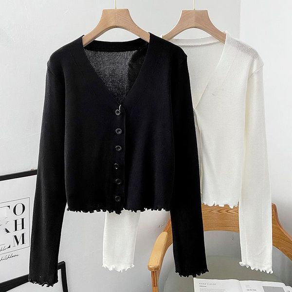 

women's knits & tees 2021 autumn style wooden ear knitted cardigan coat thin gentle v-neck long-sleeve trendy isn, White