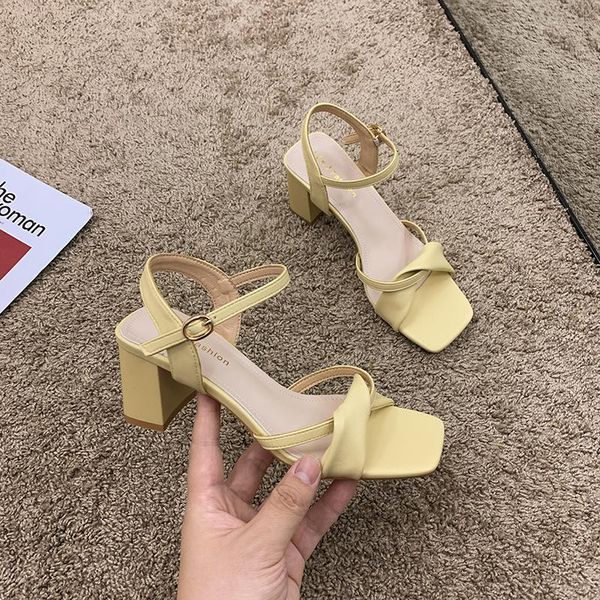 

sandals women's shoes 2021 summer style thick heel buckle temperament high heels women fashion, Black