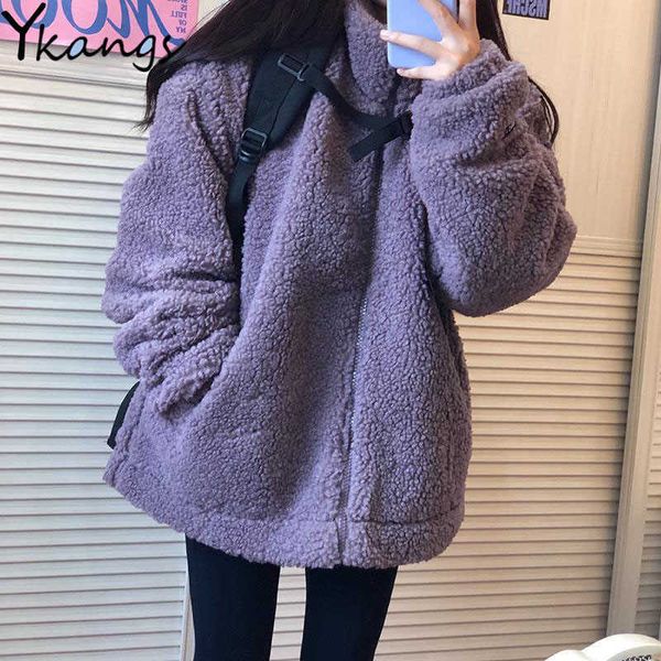 Inverno espesso quente cordeiro lã mulheres casaco fêmea fêmea pele roxo jaqueta coreano parkas casuais parkas de pelúcia top 210619