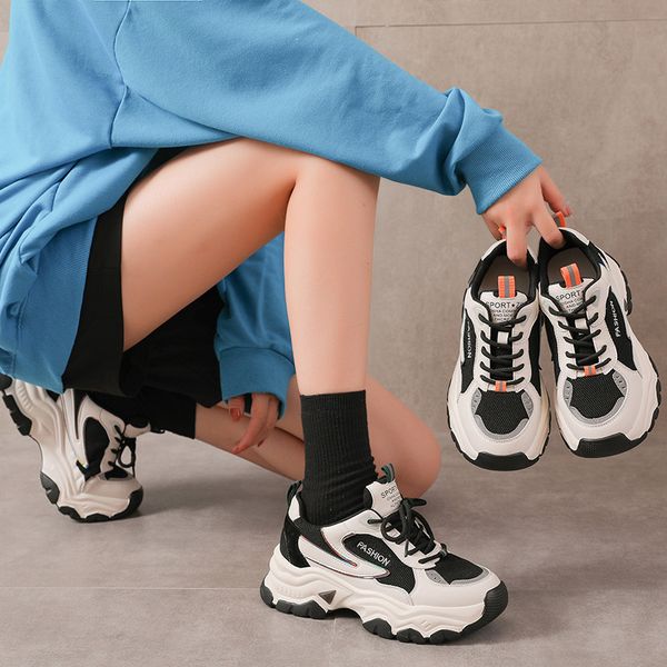 

autumn leather daddy shoes women 2021 leisure thick soled color matching sneakers women's running versatile trendy children, Black;white