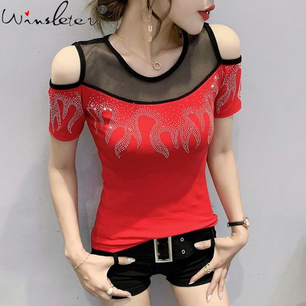 

women's t-shirt summer european clothes chic off shoulder shiny diamonds spliced women back short sleeve tees 2021 t15216a, White