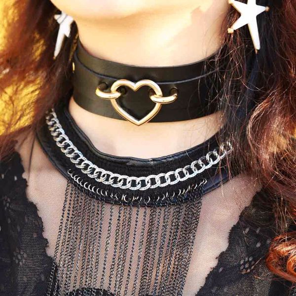 

metal heart collar maxi necklace women choker gold color punk bondage harness leather necklace vintage statement jewelry, Golden;silver