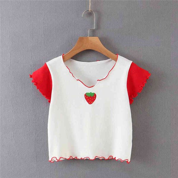 T-shirt corta lavorata a maglia da donna Primavera-Estate T-shirt casual con ricamo a fragola con scollo a V 210421