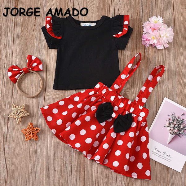 

wholesale summer clothes girl 3pcs sets short sleeve t-shirt + dot floral suspender skirt +hairband baby outfits e57 210610, White