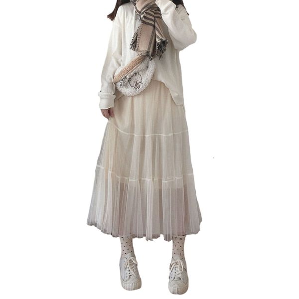 

korean fashion black long women high waist pleated cute girl tulle skirt fairy layered mesh party a line y midi skirts