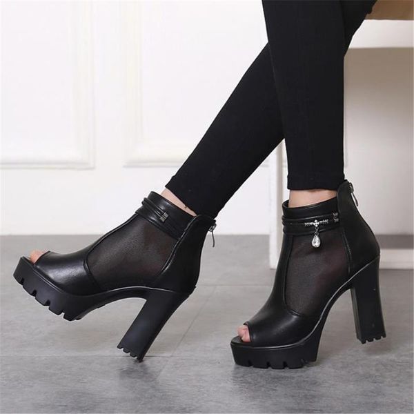 

mesh leather women's shoes sandals thick with single fish mouth europe and america high heels woman, Black
