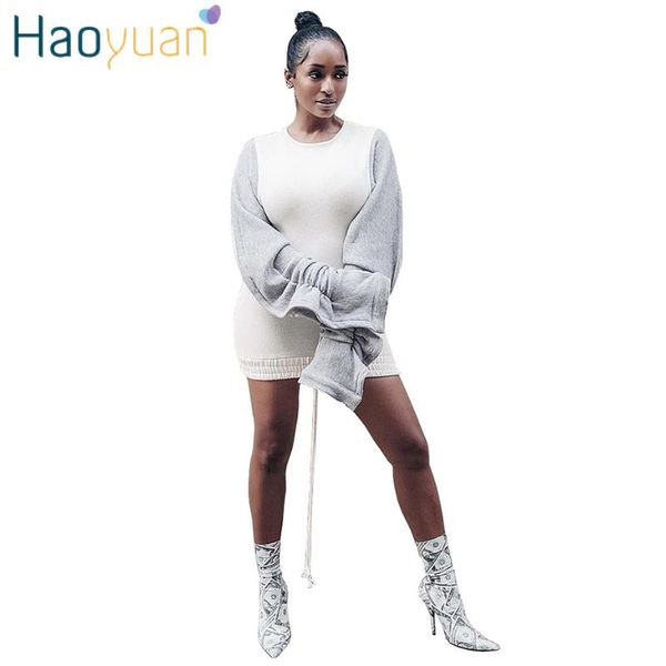 

casual dresses haoyuan bandage ruffles mini dress long sleeve patchwork women festival clothing fall winter 2021 tight club ladies, Black;gray