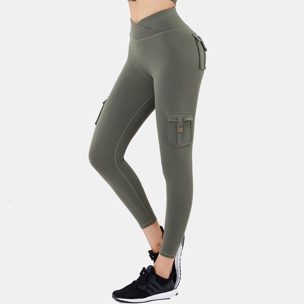 

clothes autumn yoga tooling with pocket elastic high waist hip lifting sports fitness pants, Gray