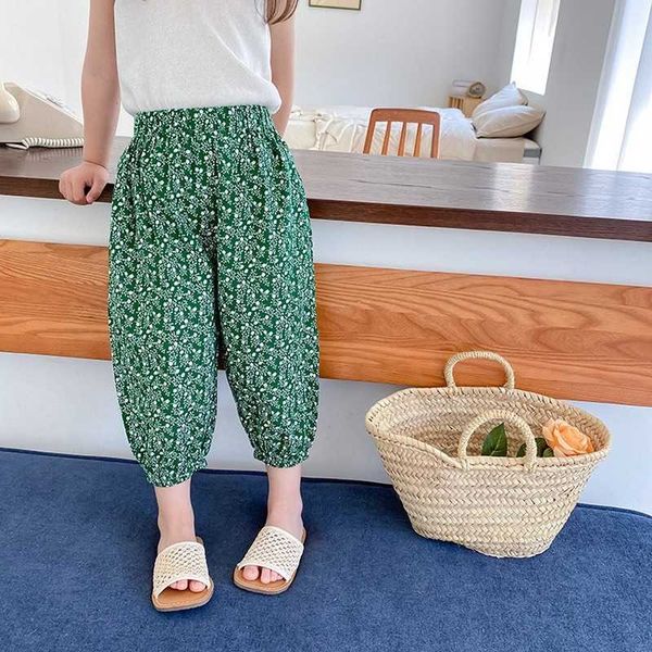 

summer baby girls cotton thin cool floral trousers kids casual pantalettes children ankle-length pants 210615, Blue