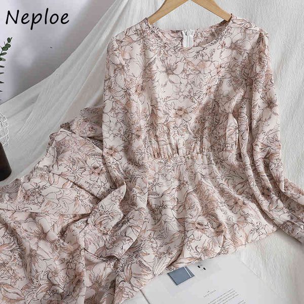 Neploe O Neck Pullover Langarm Kleid Frauen Hohe Taille Hüfte A-linie Vestidos Vintage Print Frühling Robe Alle spiel 210510