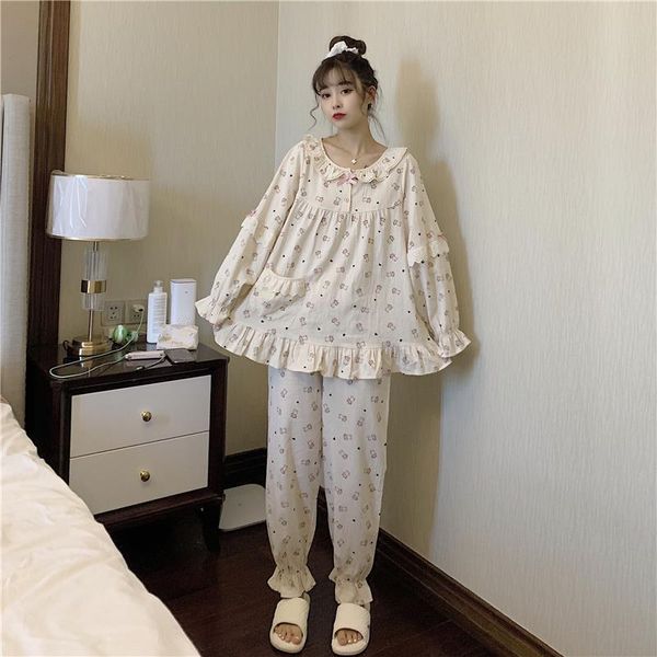 

autumn cute pajamas set home womens sleepwears clothes 2 piece pocket cartoon print pants pyjamas cotton homewear y191, Black;red
