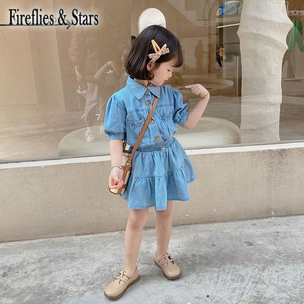 

summer girls 2 pcs set baby jacket + skirt kids denim suit children clothes fashion puff sleeve pleated pocket soft to 7 yrs clothing sets, White