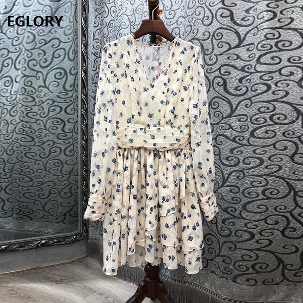 

est fashion autumn winter party chic dress 2021 woman v-neck blue little floral print pleated long sleeve beautiful casual dresses, Black;gray