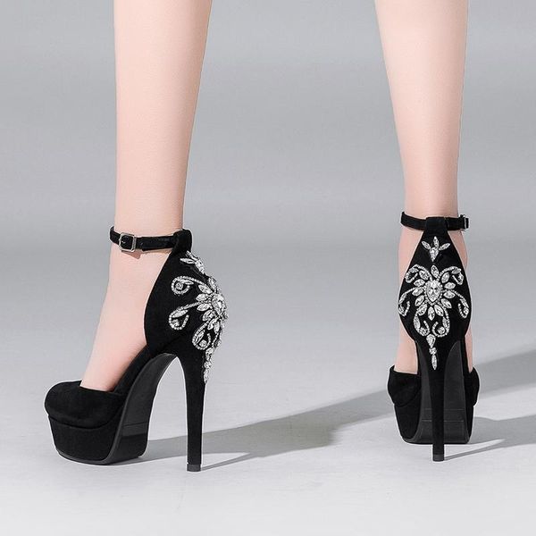 

european party style round-head leather suede summer sandals crystal waterproof belt buckle so kate thin high heels women shoes, Black