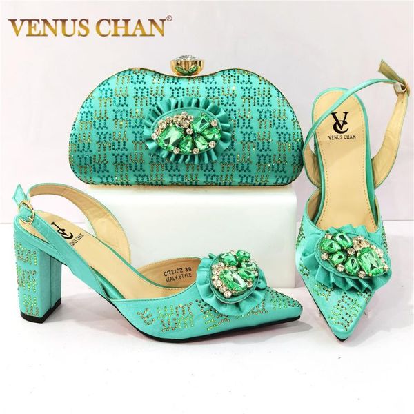

dress shoes latest summer coming green color high heels and bag to matching decorate with rhinestone slipper for royal wedding, Black