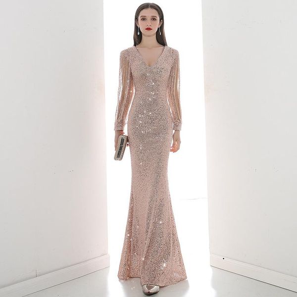 

casual dresses champagne dress female 2021 summer dignified banquet temperament golden fishtail annual meeting host for women k101, Black;gray