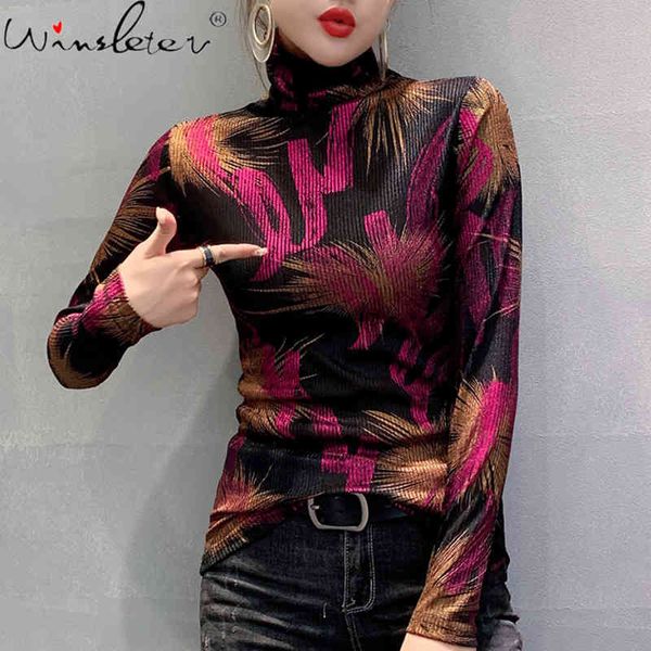 

women's t-shirt fall winter korean clothes t-shirt fashion shiny bright gold turtleneck print cotton women ropa mujer te, White