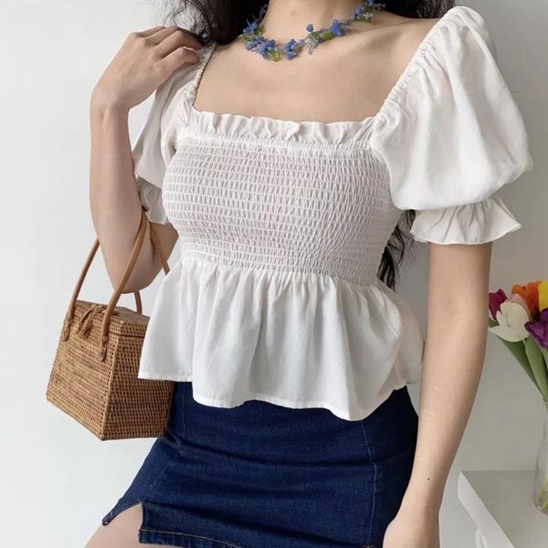 

women's blouses & shirts tvvovvin summer whiter puff sleeve square neck slim blouse korean sweet style with ruched elasticity women shi, White