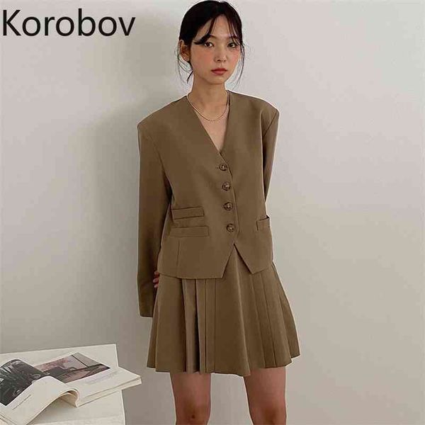

korobov fashion v neck long sleeve single breasted blazers and high waist mini skirts women two piece sets 210430, White