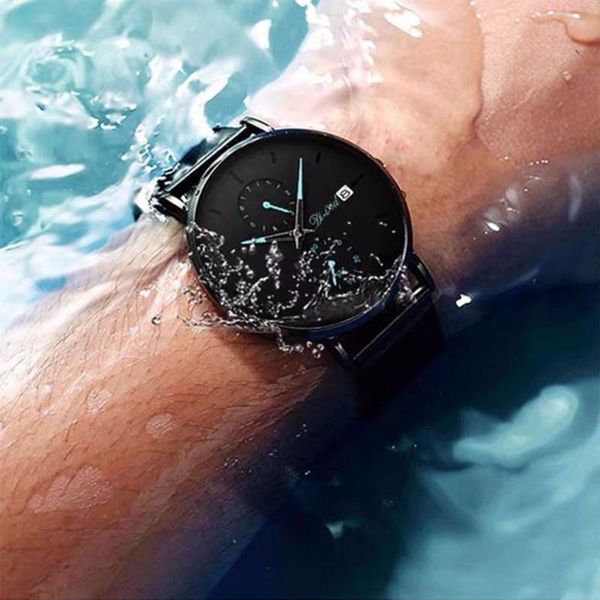 

amazon multi function business leisure calendar men's watch black stainless steel mesh belt waterproof quartz led bulbs