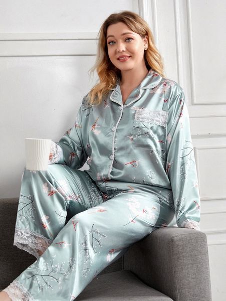 

plus floral print contrast lace satin blouse & pants pj set r06d#, Black;white