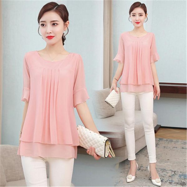 

women's blouses & shirts plus size 5xl casual lady shirt tunics blusas feminin summer women chiffon fake two pieces short sleeve o-neck, White