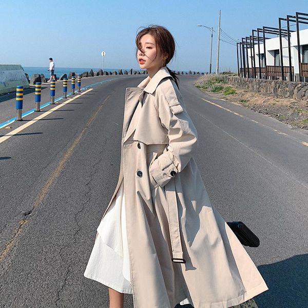 

women's trench coats 2021 autumn style windbreaker korean loose casual women clothes tie ladies over the knee long coat for woman, Tan;black