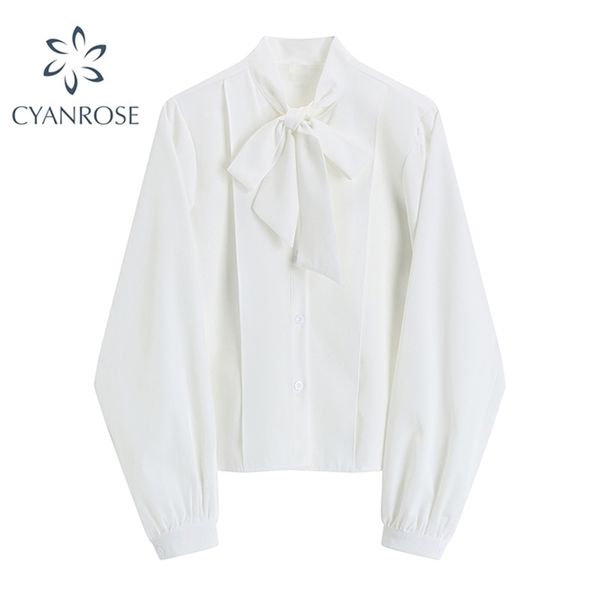

autumn fashion women solid color bow tied design casual white blouse shirt elegant office lady puff sleeve work wear female 210515