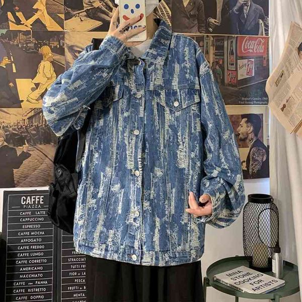 

cowboy coat men's spring and autumn tide brand hole jacket high street lapel couple suit, Black