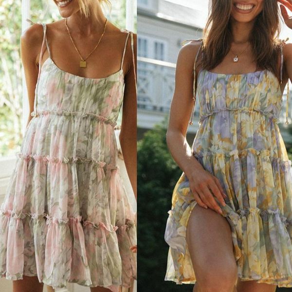 

floral print boho sundress women ruffle summer dress casual beach short flower vintage fashion clothes dresses, Black;gray