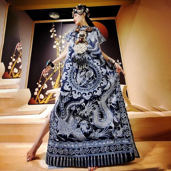 

women print dress chinese style dragon phoenix cheongsam loose cotton split qipao vestidos vintage ladies robe gown ethnic clot, Red