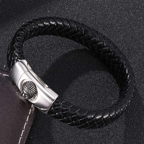 

charm bracelets vintage black braided leather men fashion buddha magnetic steel buckle trendy bracelet retro male jewelry gifts st0315, Golden;silver