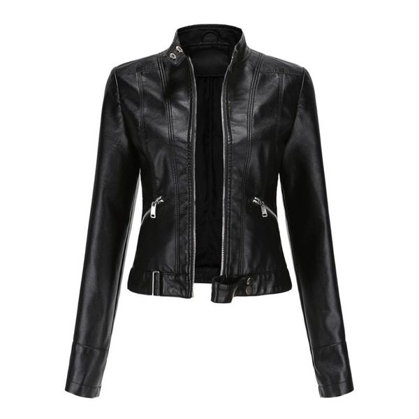 

women's leather & faux 2021 women jacket ladies solid with belt zipper biker coat female casual jackets spring autumn outwear, Black