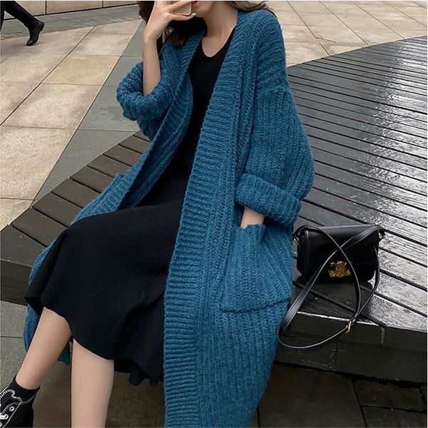 

women's knits & tees oversize knit cardigan women autumn winter sweater 2021 mid-length loose casual jacket retro outer wear wool, White