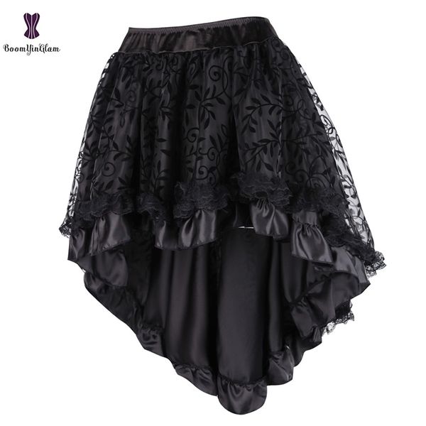 

black women's victorian asymmetrical ruffled satin lace trim gothic skirts vintage corset steampunk skirt cosplay costumes 937# 210330