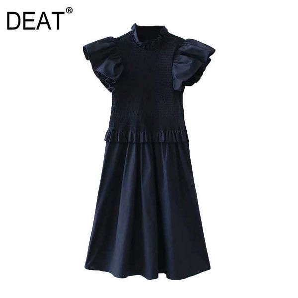

[deat] spring autumn fashion stand-up collar high waist ruffles knee-length short sleeve solid color dress 13w848 210527, Black;gray