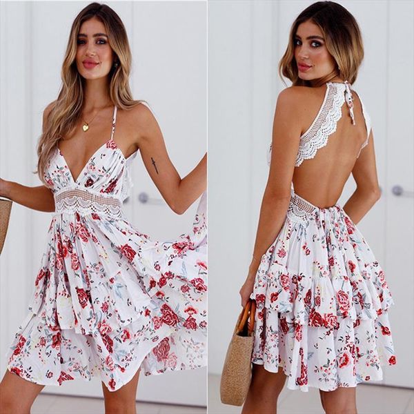 

backless boho beach dress womens cami summer elegant florl print bandage mini casual lace patchwork party, White