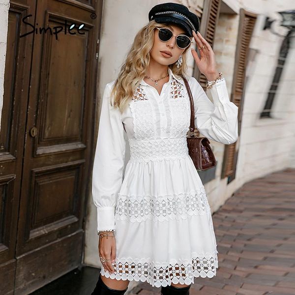 

casual dresses simplee elegant hollow out lace ruffle a-line white women dress office lady button shirt female high waist short vestido, Black;gray