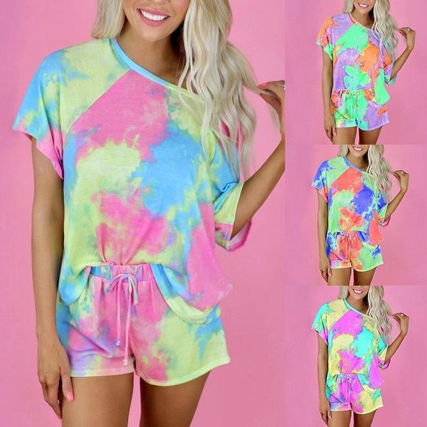 

women's tracksuits women casual sets summer tie dye print short sleeve shorts suit streetwear female two piece set outfits 2021, Gray