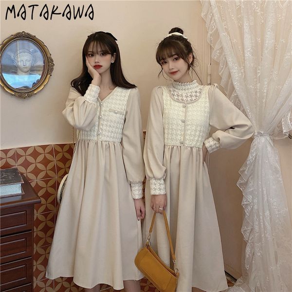 

vintage a-line woman dress spring lace splicing vestidos slim waist female puff sleeve robe 210506, Black;gray