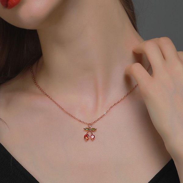 

romantic cute cherry necklace copper zircon pendant chains choker for women jewelry collar aesthetic punk collier femme necklaces, Silver