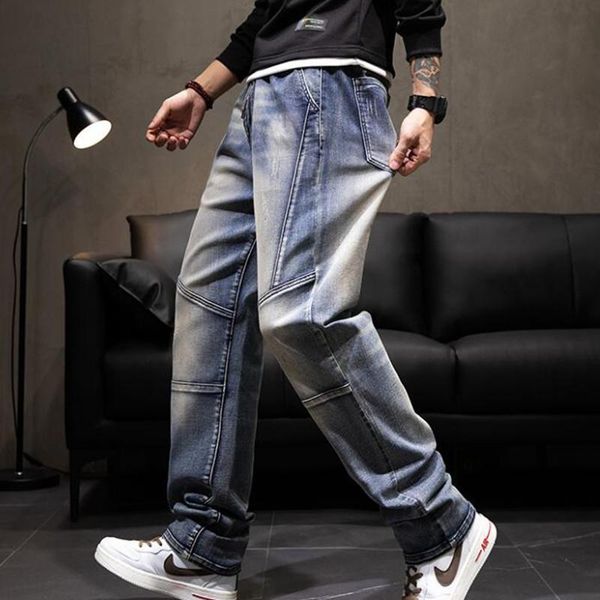 

men's jeans elastic waist loose casual denim trousers baggy straight men clothing stretch leisure bottoms, Blue