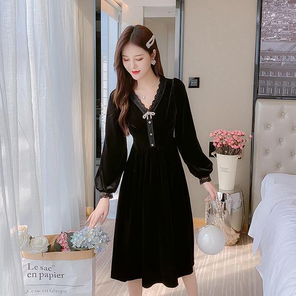 

casual dresses coigarsam french style lace women long dress vintage high waist v-neck black 623, Black;gray